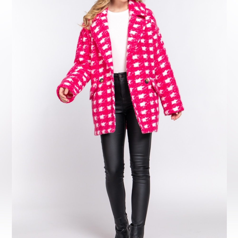 DOUBLE BREASTED CHECK PRINT BOUCLE FLEECE COAT - Picture 5 of 7